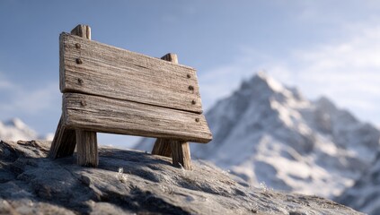 Rustic wooden sign, blank, stands atop rocky outcrop against a backdrop of snow-capped mountains under a clear sky