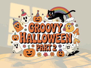 Fototapeta premium Groovy halloween party two retro design with cute characters
