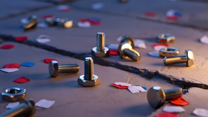 Nuts and bolts scattered with red and blue confetti on a textured surface