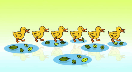 Fototapeta premium Animated Illustration of Ducklings Waddling Across Puddles with Fallen Leaves Minimalist Style