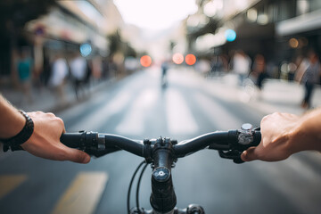 Hands Holding Bicycle Handlebar in Urban Environment