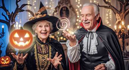Fototapeta premium Charming elderly couple dressed as witch and vampire, surrounded by Halloween-themed decor. Great for seasonal promotions, greeting cards, and holiday marketing campaigns.