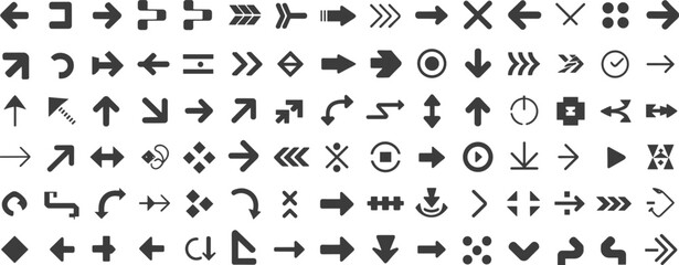 Set of arrows icons vector illustrations, different styles and directions, collection of black arrow shapes, sign and symbol navigation
