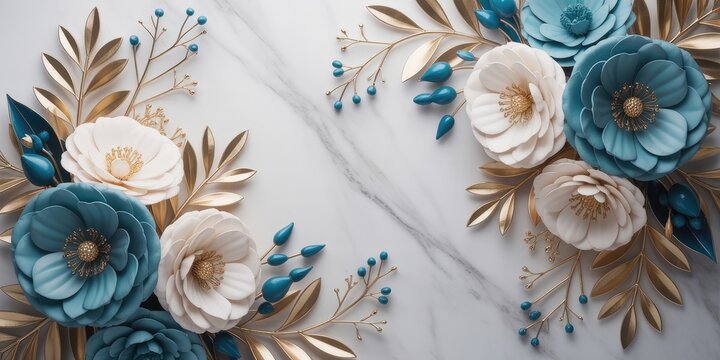 Teal and White Floral Arrangement with Gold Leaves on Marble Background tile wallpaper background full hd 4k stiker floor 2025 2026 download