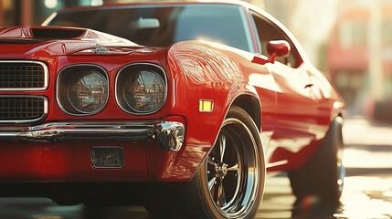 Close up of a shiny red vintage car with chrome details parked on a city street during daytime