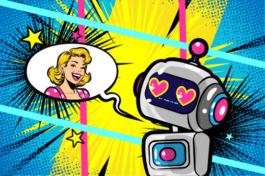 Vector illustration futuristic thinking about Pop art girl in a pink polka dot dress