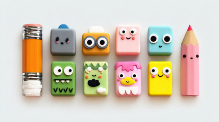 Cute Cartoon-Style Erasers and Sharpeners on Transparent Background

