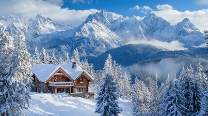 Serene Winter Escape: A Cozy Cabin nestled in the heart of a snowy mountain range