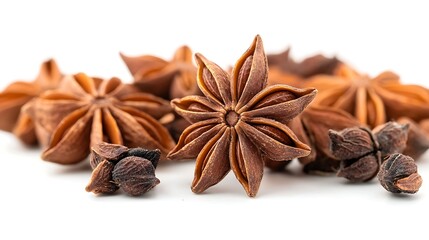 Macro close-up captured with 50mm macro lens, star anise pods arranged in radial formation on seamless white, sharp detail in central pod with smooth depth fade, soft daylight