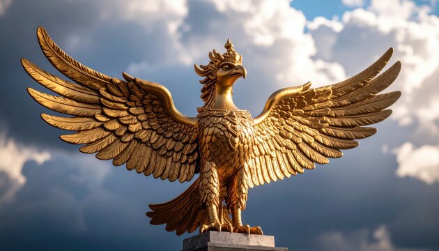 Majestic Golden Garuda Statue Against a Cloudy Sky