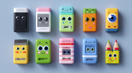 Cute Cartoon-Style Erasers and Sharpeners on Transparent Background

