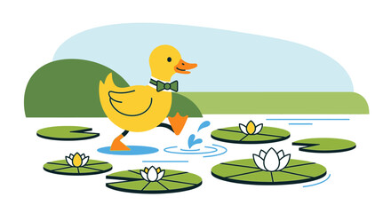 Fototapeta premium Cartoon duck with a bow tie walking across lily pads in a serene pond illustration