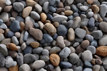 A dense collection of rounded textured rocks in varied shades of gray brown and blue