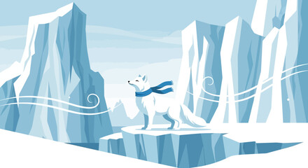 Arctic fox in a winter landscape illustration with icebergs and snowy cliffs scene