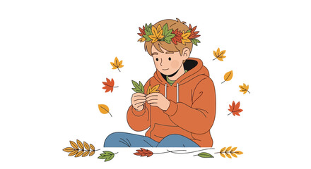 Boy with Leaf Crown Enjoying the Autumn Season Represented in a Whimsical Illustration