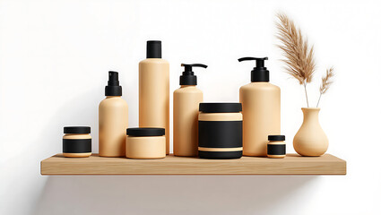 Elegant cosmetic bottles on a wooden shelf a minimalist aesthetic for skincare and beauty products advertising and branding campaigns showcasing simple beauty solutions
