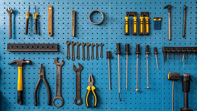 Various hand tools are neatly arranged on a blue pegboard wall