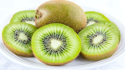 High-resolution DSLR still-life captured with 50mm lens, whole kiwi at center with slices radiating outward like sun rays on seamless white, sharp detail on foreground slice, diffused daylight