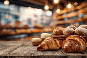 Rustic wooden table displays freshly baked croissants and assorted bread rolls in a wicker basket, with a blurred bakery background showcasing shelves of baked goods