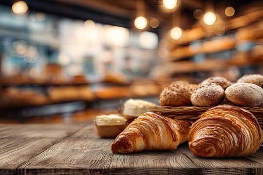 Rustic wooden table displays freshly baked croissants and assorted bread rolls in a wicker basket, with a blurred bakery background showcasing shelves of baked goods - Powered by Adobe