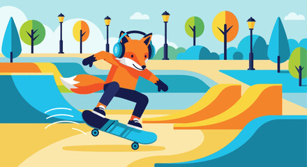 Cartoon fox skateboarding at a skatepark illustration with trees and streetlights, wearing headphones