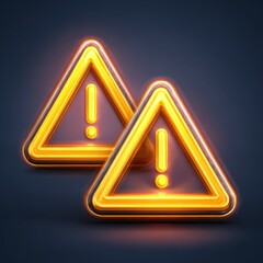 Two glowing neon-style warning signs in yellow and orange for a tech or futuristic concept on a dark blue background