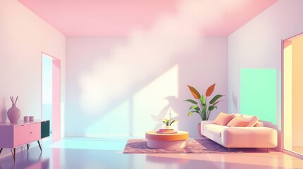 Elegant Modern Interior: A sun-drenched, minimalist living space featuring a stylish sofa, lush plants, and a modern coffee table, creating a sense of calm and sophisticated living. 