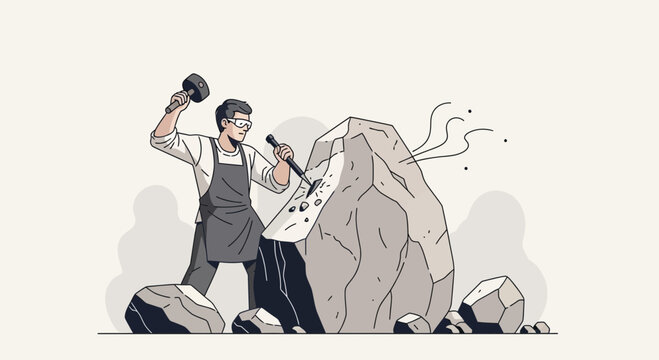 Artistic Stone Sculptor: Cartoon Illustration of a Craftsman Carving with Precision