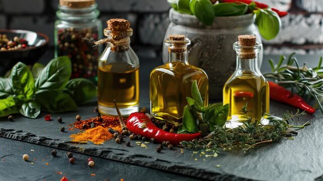 Assorted spice bottles on a table or shelf, ideal for use in cooking