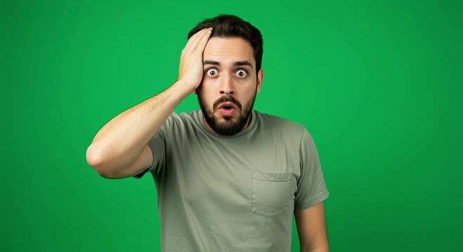 Man acting out mind blown expression with hands at temples and comic head shaking on green screen, generative ai