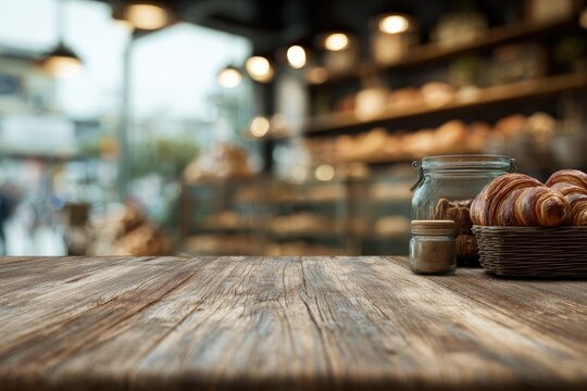 Rustic wooden table in a bakery setting; blurry background shows shelves stocked with baked goods and warm lighting;  glass jars and croissants sit on the table - Powered by Adobe