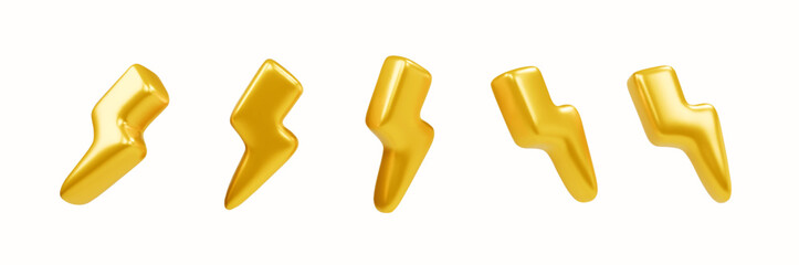 3d set of yellow gold charger symbol. Electric flash, sign thunder. Symbol of energy, danger. Cartoon set vector icon illustration.