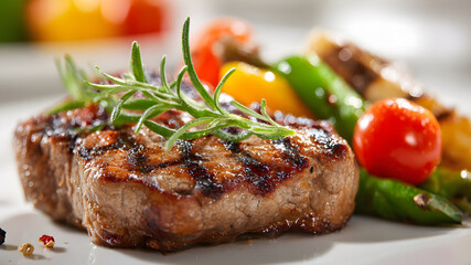 Ultra HD Grilled beef steak with rosemary and vegetables on a white plate, a delicious and healthy meal for dinner at a restaurant, cooked with fresh ingredients