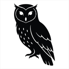 A detailed black silhouette of a perched owl with bright eyes