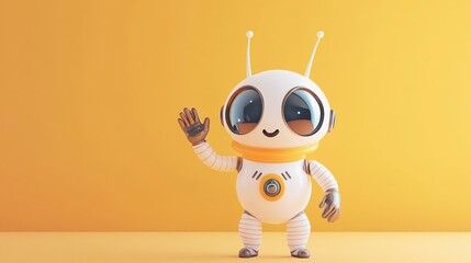 Adorable 3D Render of a Friendly Robot Waving Hello Against a Yellow Background