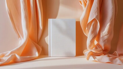 Minimalist White Notebook on Peach Fabric Background
