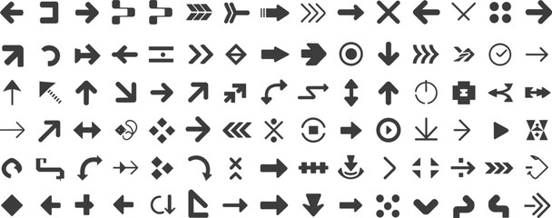 Set of various black arrow icons pointing in different directions, a flat vector illustration collection for web and mobile design