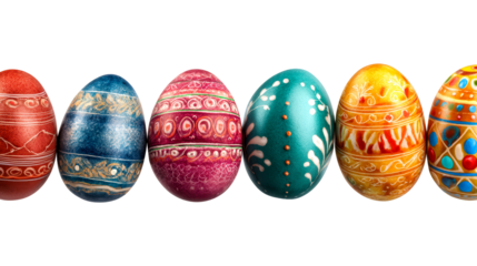 Row of colorful painted Easter eggs with ornate designs