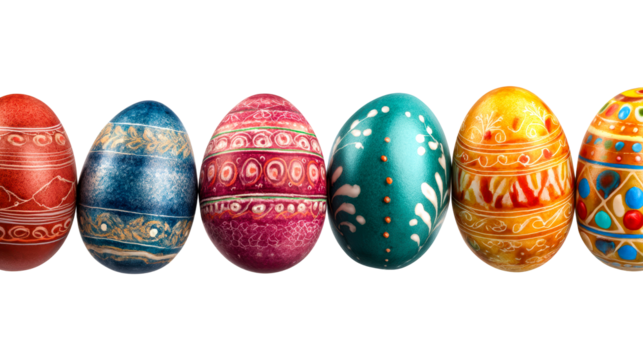 Row of colorful painted Easter eggs with ornate designs - Powered by Adobe