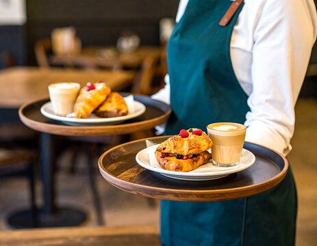 Waiter carries trays of pastries and coffee