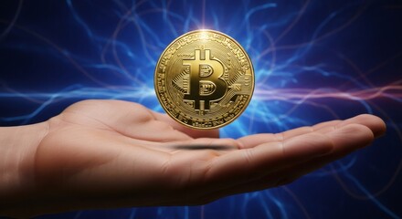 Bitcoin cryptocurrency hovering over an open human hand. Blockchain technology and digital currency investment concept. Financial innovation.