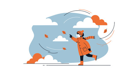 Autumn day illustration depicting a girl catching falling leaves in windy weather for children's book cover or seasonal promotion