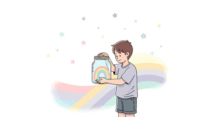 Capturing joy: A boy's wonder with a rainbow in a jar in soft illustration