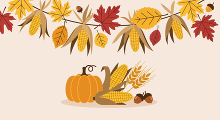 Autumn Harvest Celebration Featuring Pumpkins Corn and Fall Foliage Decorative Border in Warm Tones