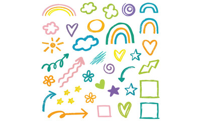 Cute Kids Doodle Clipart Dinosaur, Rocket, Sun, Heart, Cloud, Balloon, Tree, Flower, and Star Hand Drawn Illustrations