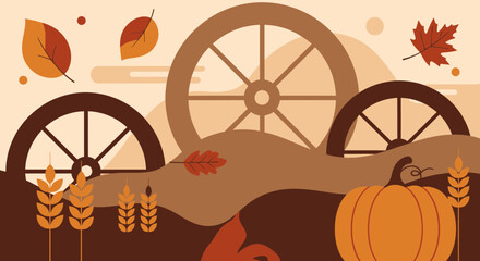 Autumn Harvest Festival with Wagon Wheels Pumpkins and Leaves in Warm Tones vector