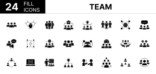 Collection of 24 Team fill icons featuring editable strokes. These outline icons depict various modes of Team, business, people, work, teamwork, person, hr, line, vector, group, set, support, outline,