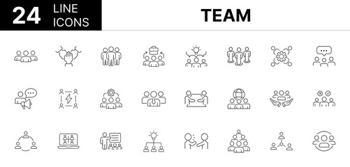 Collection of 24 Team line icons featuring editable strokes. These outline icons depict various modes of Team, business, people, work, teamwork, person, hr, line, vector, group, set, support, outline,