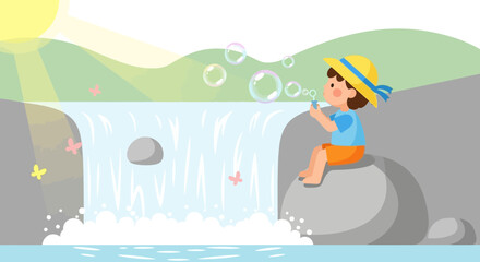 Obraz premium Cartoon illustration of a boy blowing bubbles by a waterfall in a serene landscape happy childhood moments and connection with nature