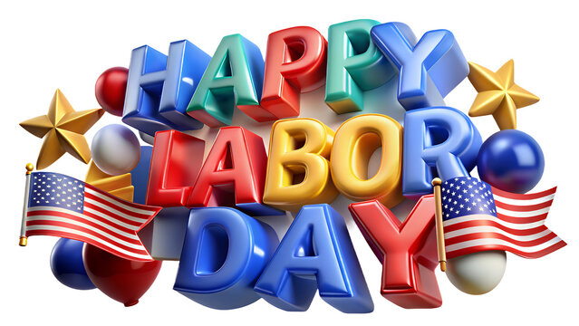 Happy Labor Day Celebration with Colorful Letters and American Flags, Isolated on Transparent Background